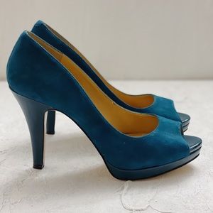 Nine West Suede Teal Peep Toe Pumps